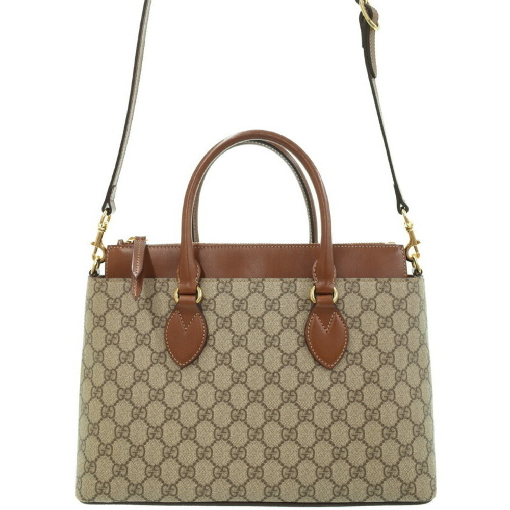 Gucci GG Supreme Monogram Moon Calfskin Zip Top 2way Tote Brown